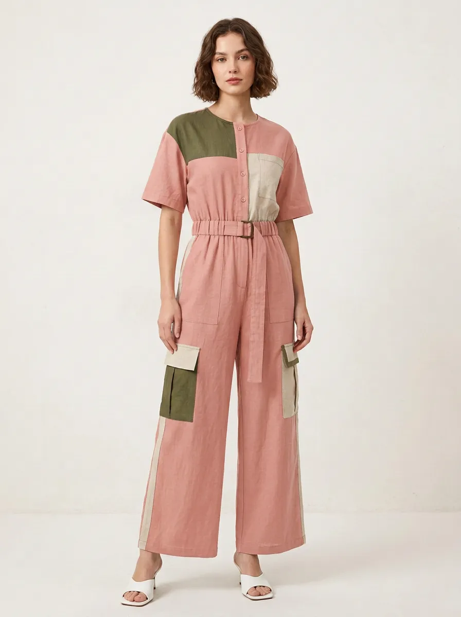 Women's Patchwork Colorblock Belted Cargo Jumpsuit