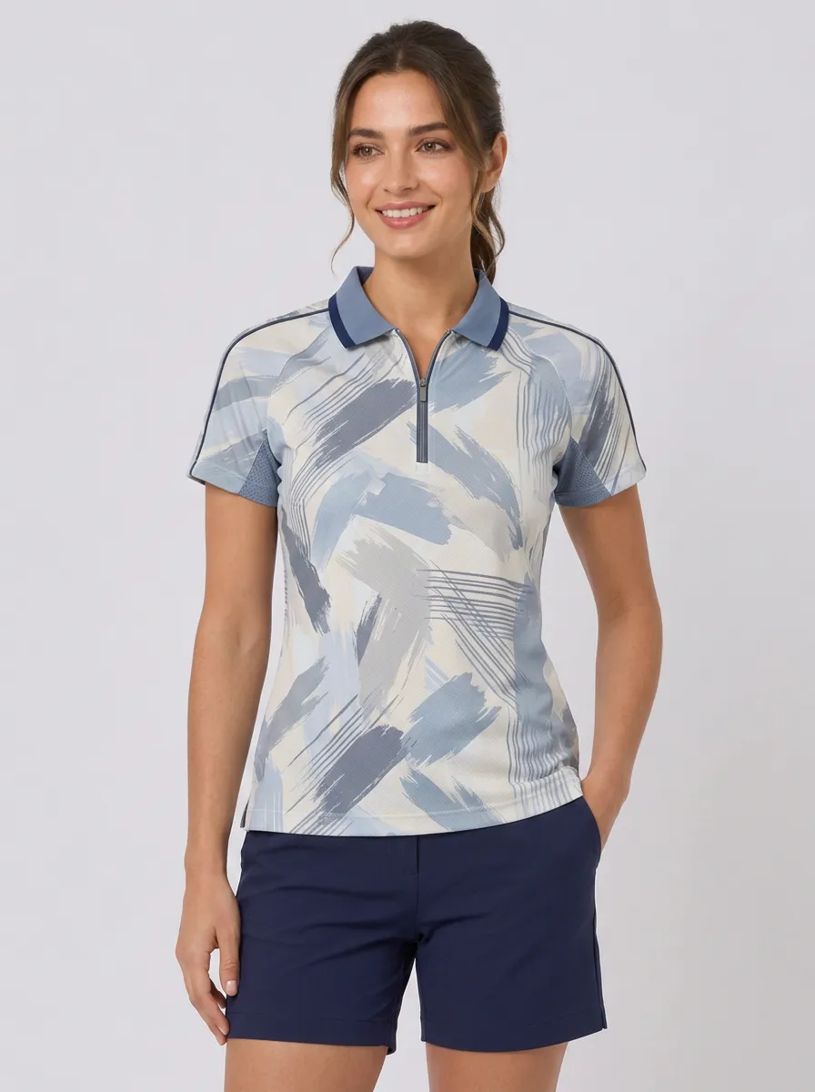 Women's Sporty Casual Blue Abstract Brushstroke Printed Polo Shirt