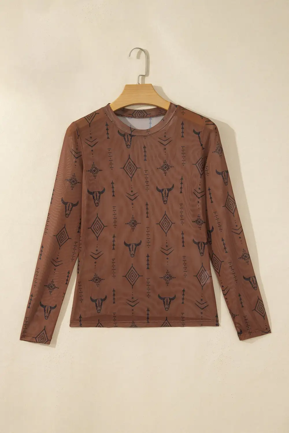 Western Print Mesh Relaxed Long Sleeve Top
