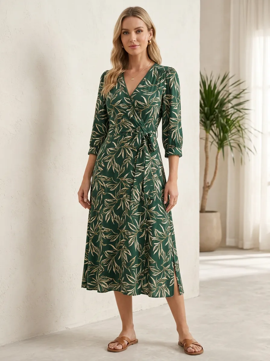 Women's Botanical Leaf Casual Style Wrap Printed Dress