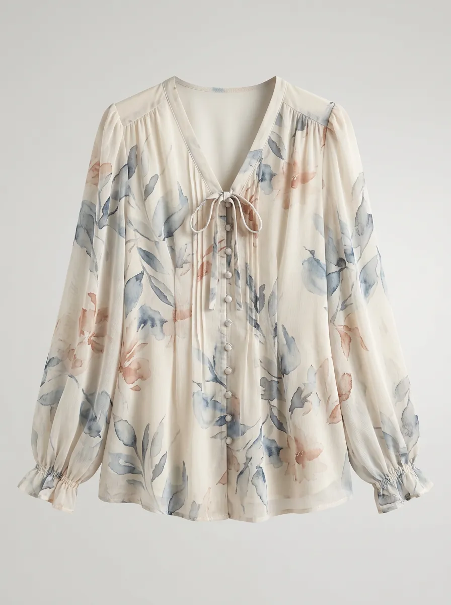 Women's Floral Watercolor Print Chiffon Tie-Neck Blouse