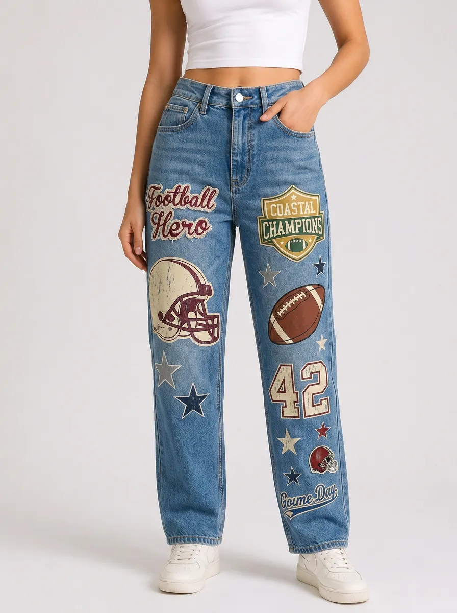 Women's Football Fan Helmet Star Number Printed Denim Jeans