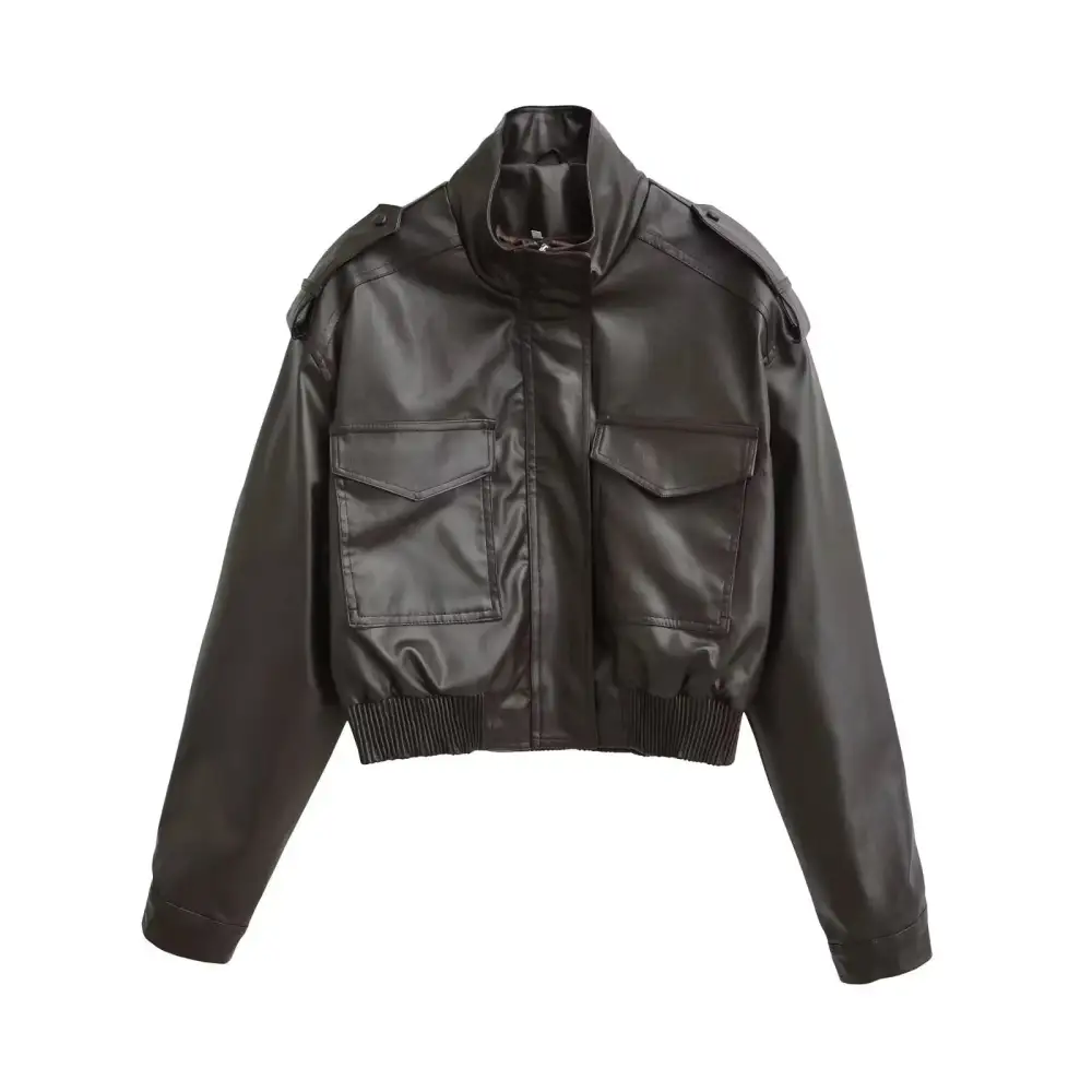 Cropped Tailored Stand Collar Ribbed Trim Bomber Jacket