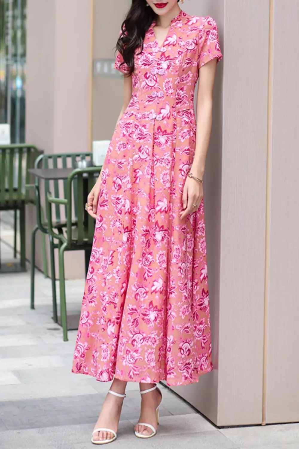 Classic Floral Chiffon V Neck Short Sleeve Maxi Dress