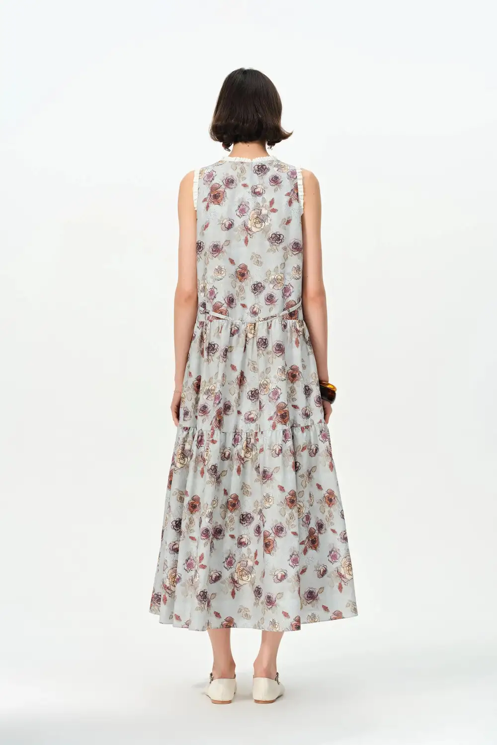 Ruffled Hand-Painted Printed Floral Silk Cotton Dress