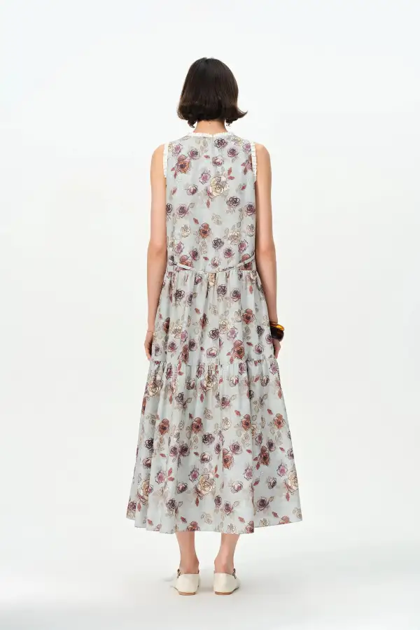 Ruffled Hand-Painted Printed Floral Silk Cotton Dress