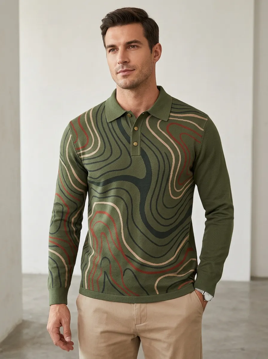 Men's Abstract Swirl Pattern Printed Long Sleeve Polo Shirt