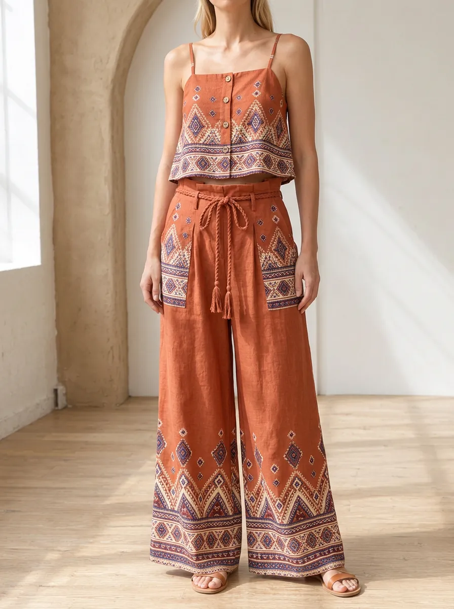 Women's Boho Ethnic Geometric Patterned Button-Down Camisole Wide Leg Pants Set