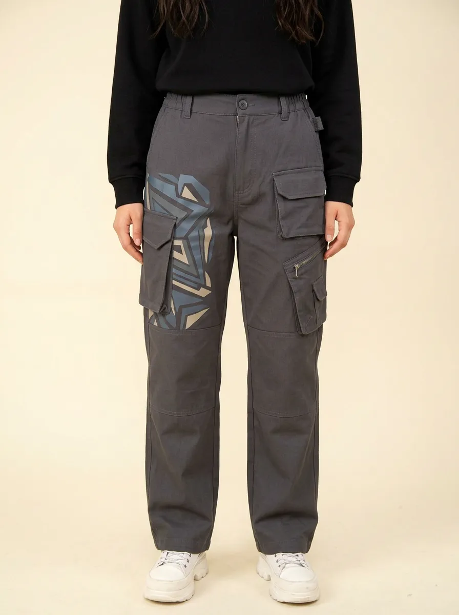 Women's Charcoal Streetwear Cyberpunk Geometric Cargo Pants
