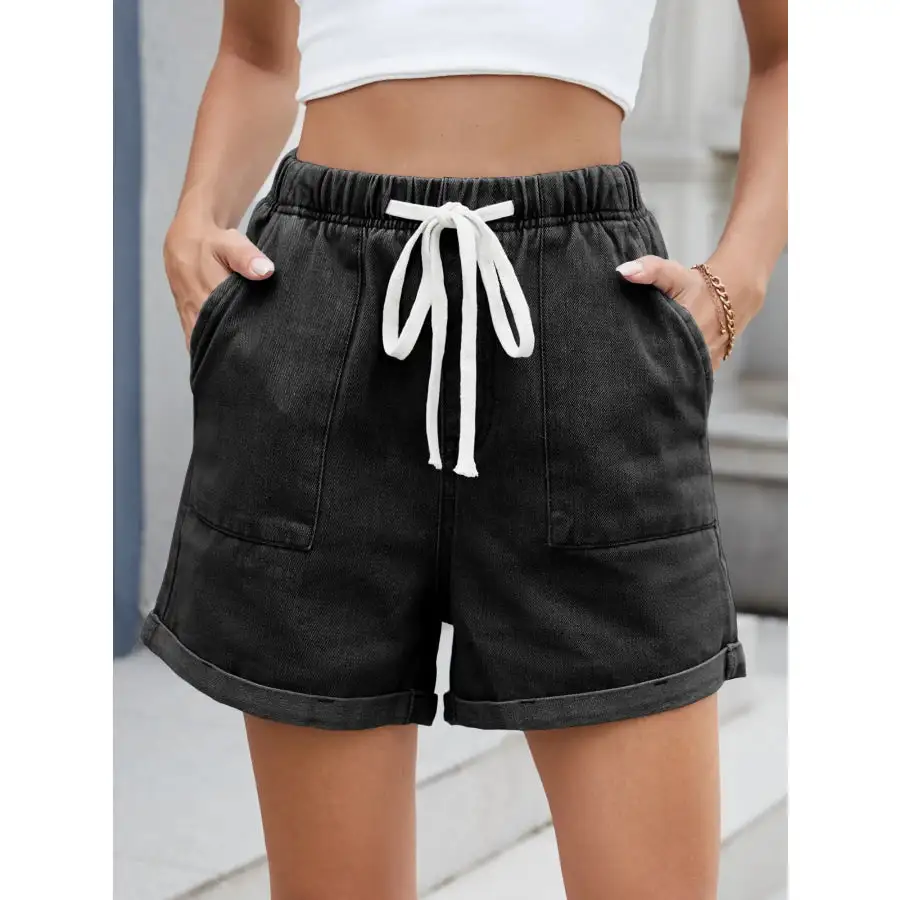 Casual Drawstring Pocketed Denim Shorts