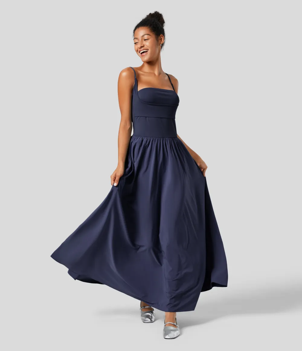 Breezeful Backless Side Pocket Plicated Flowy Flare Maxi Quick Dry Casual Slip Dress