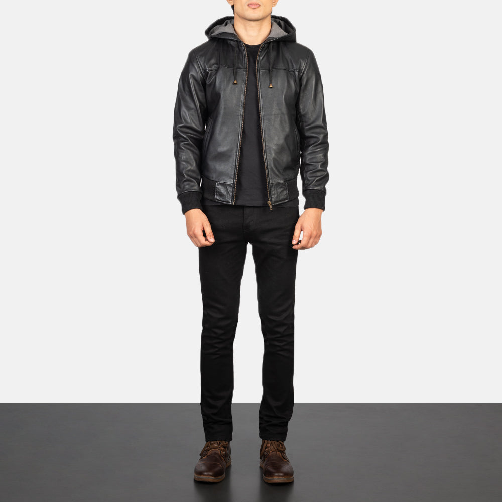 Men's Classic Bomber Hooded Leather Jacket