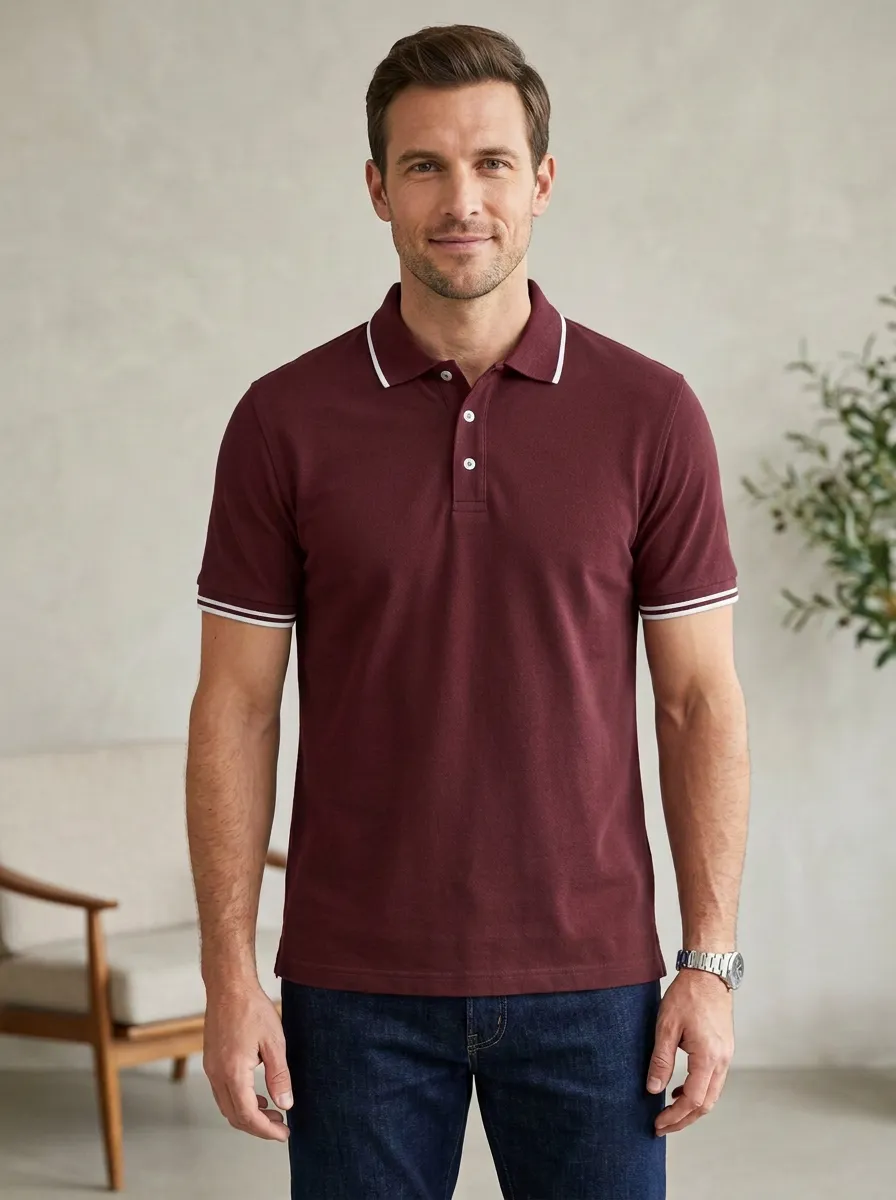 Men's Casual Navy Blue Contrast Trim Printed Polo Shirt