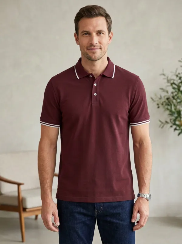 Men's Casual Navy Blue Contrast Trim Printed Polo Shirt