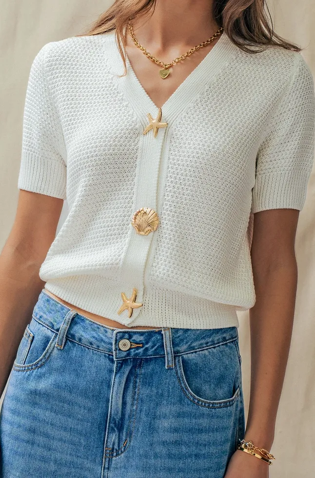 White Coastal Starfish Button Short Sleeve Cardigan