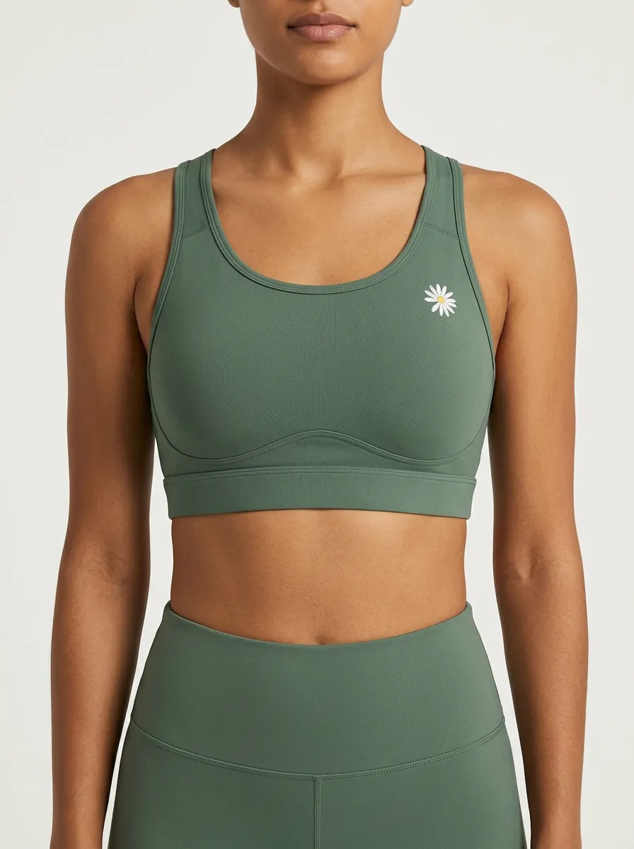 Women's Daisy-Embroidered Scoop-Neck Racerback Underbust-Seam Sports Bra