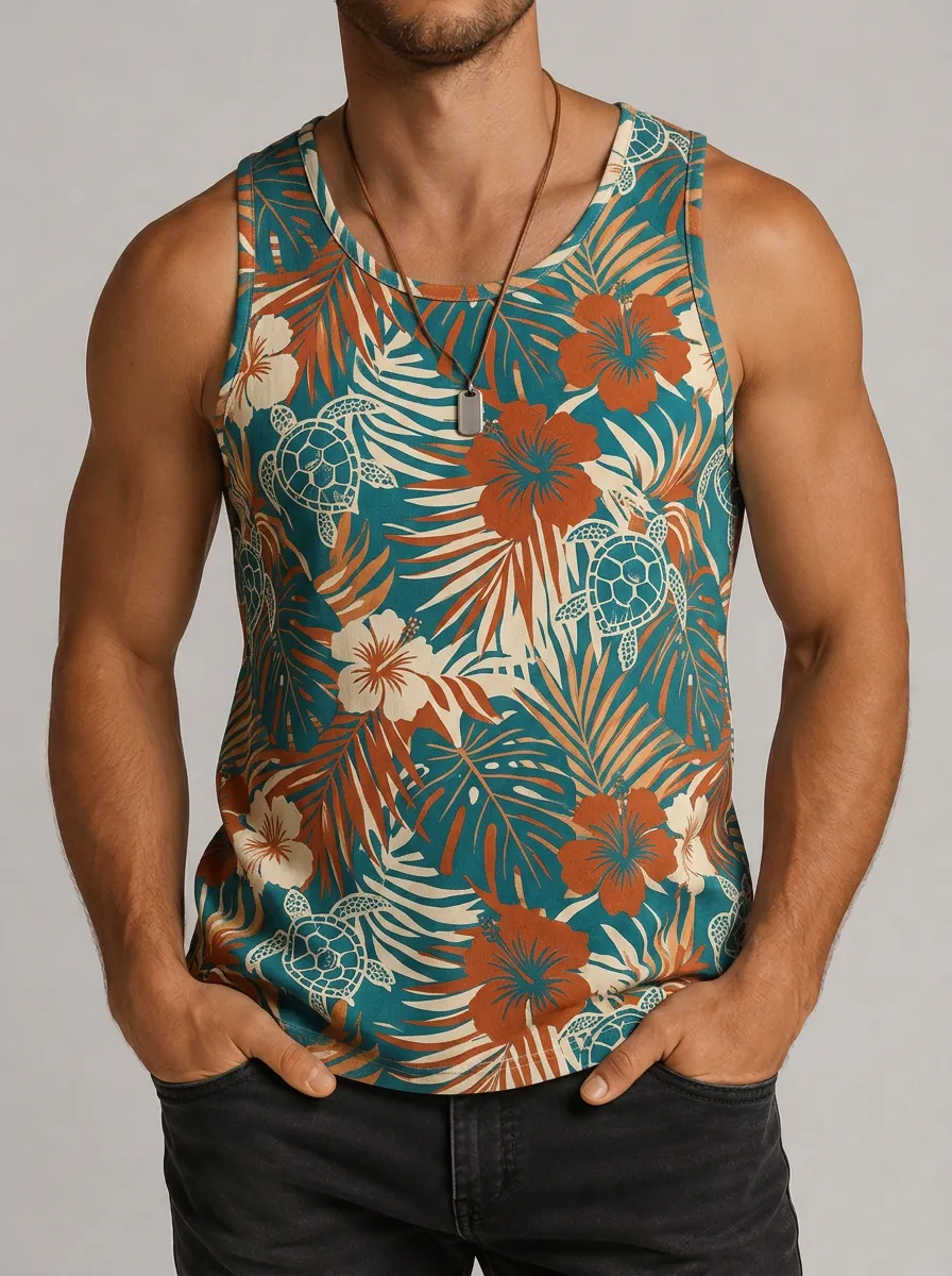 Men's Tropical Sea Turtle Hibiscus Floral Printed Tank Top