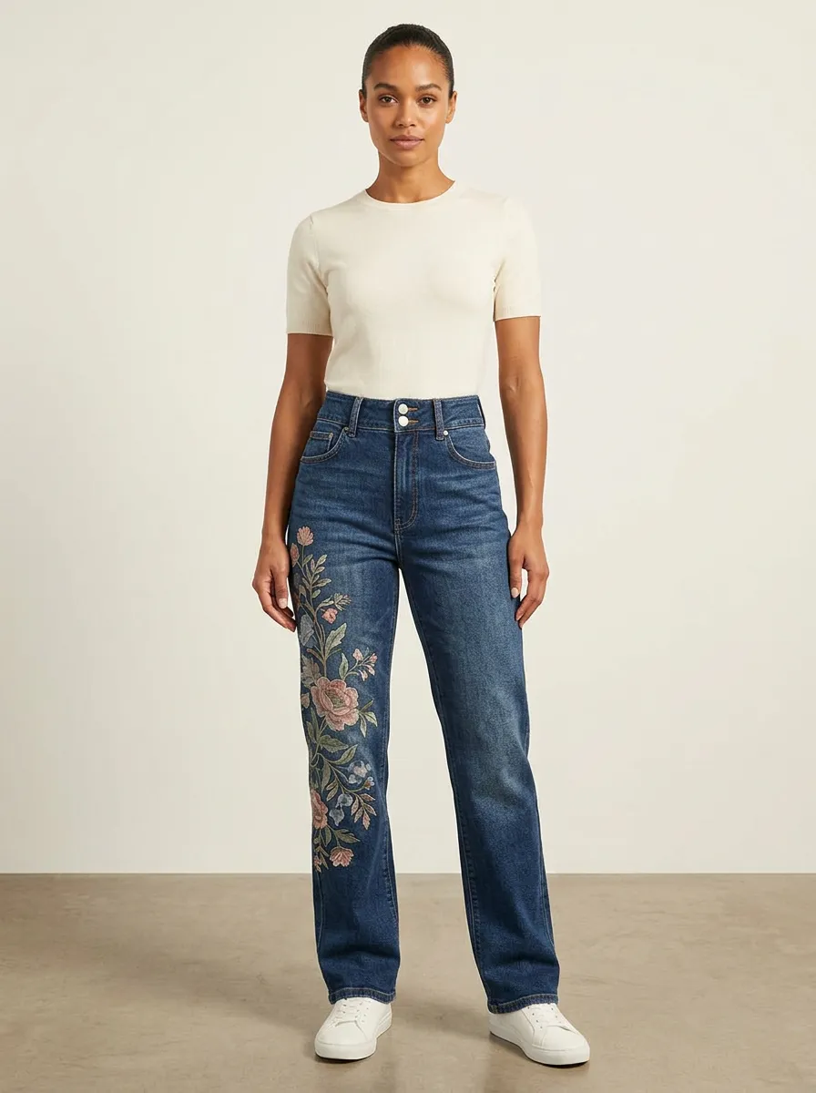 Women's Floral Lover Vintage Flower Printed Straight Leg Jeans