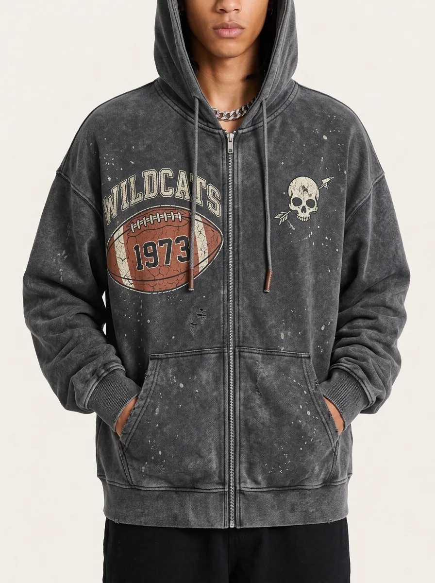 Men's Wildcats Football 1973 Skull Printed Zip Up Hoodie