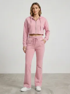 Women's Vintage Inspired Cropped Hooded Jacket and Flare Pants Active Set