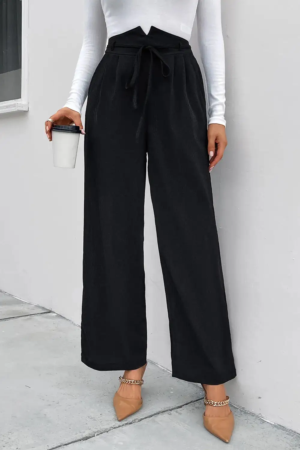 Wide Leg High Waist Ruched Pocketed Pants