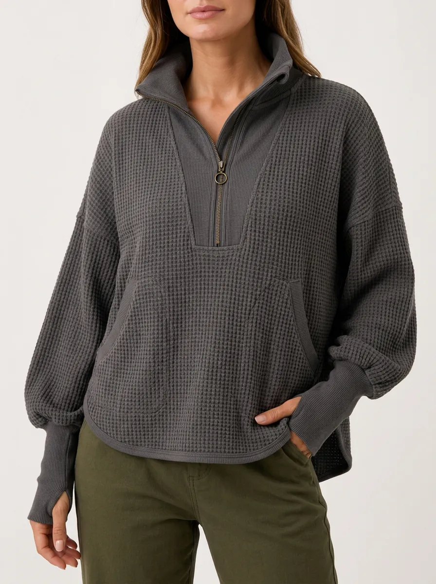 Relaxed Everyday Casual Charcoal Waffle Knit Quarter Zip Pullover Top