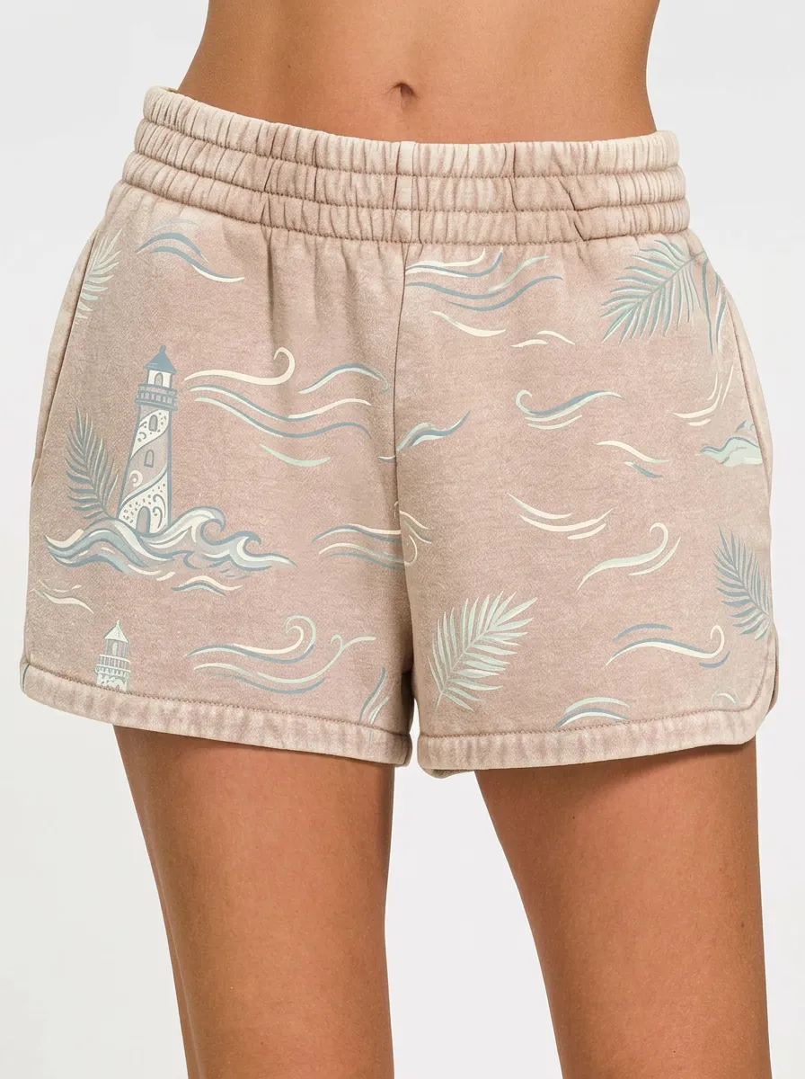 Women's Coastal Beach Lover Lighthouse Palm Leaf Printed Shorts