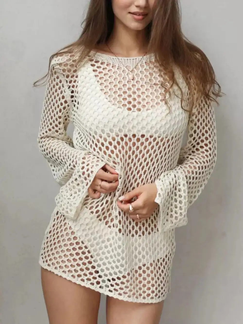 Crochet Backless Long Sleeve Dress Swim Cover Up