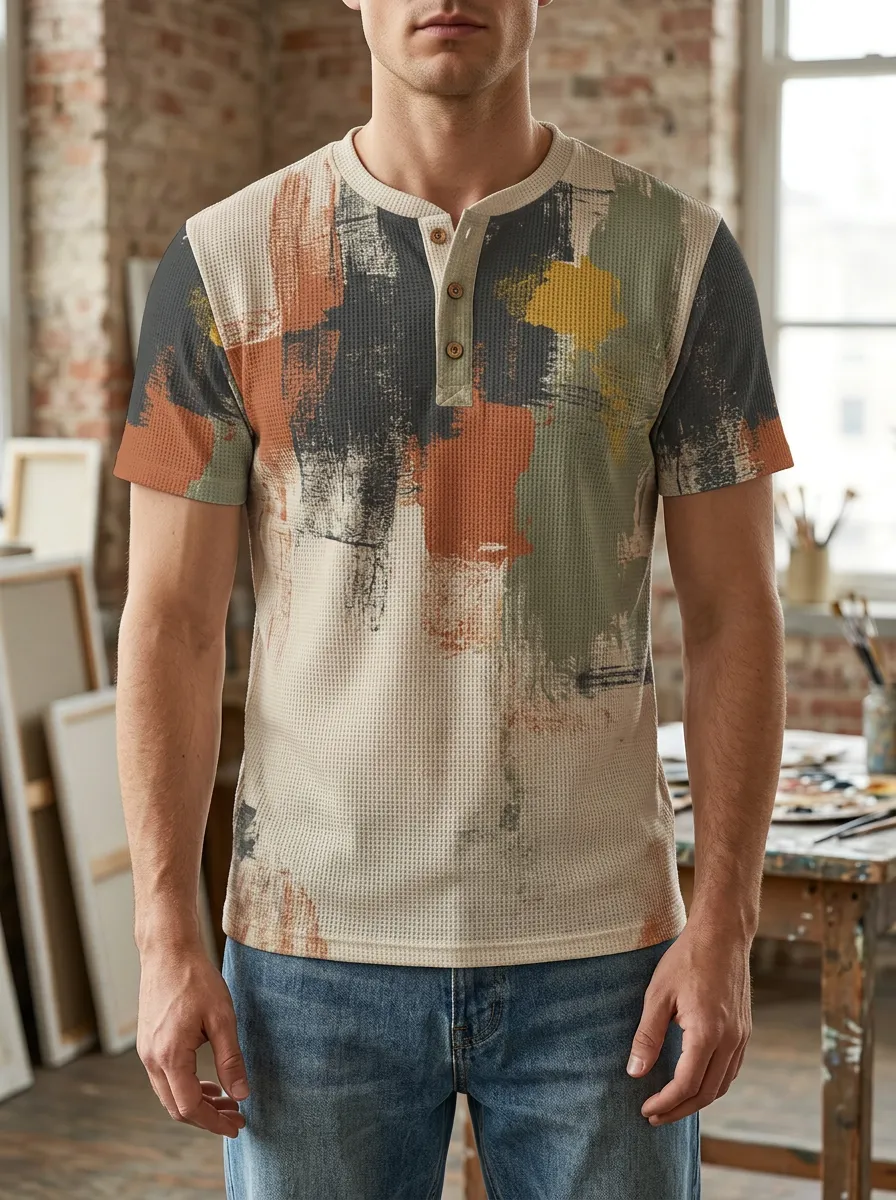 Men's Classic Abstract Brushstroke Waffle Knit Henley T-Shirt