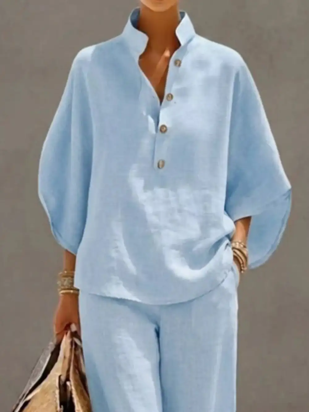 Full Size Button Detail Sleeve Top and Pants Set Plus Size