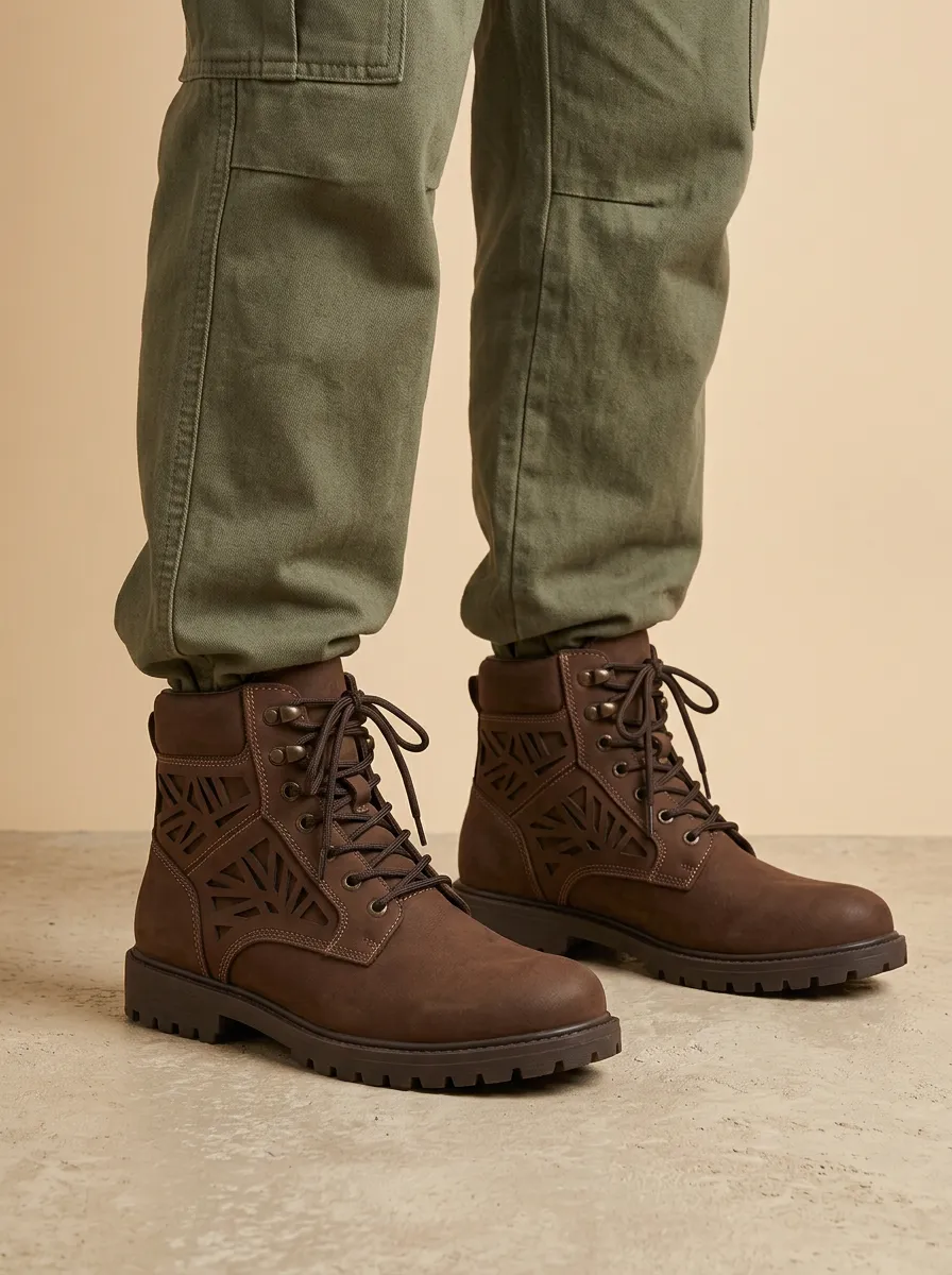 Unisex Geometric Cutout Faux Leather Print Work Boots