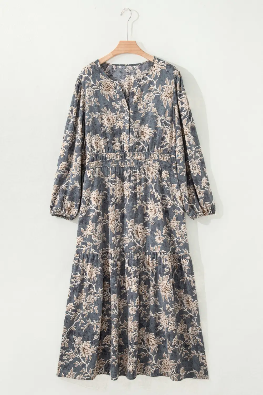 Plus Fit Floral Print Split Neck Shirred High Waist Long Sleeve Maxi Dress
