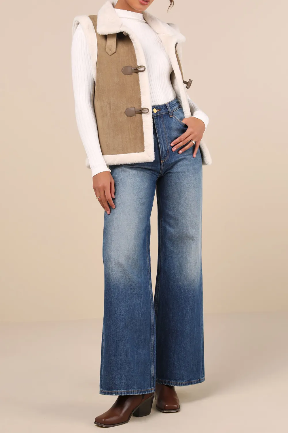 Classic Casual Style Tan Shearling Toggle Vest