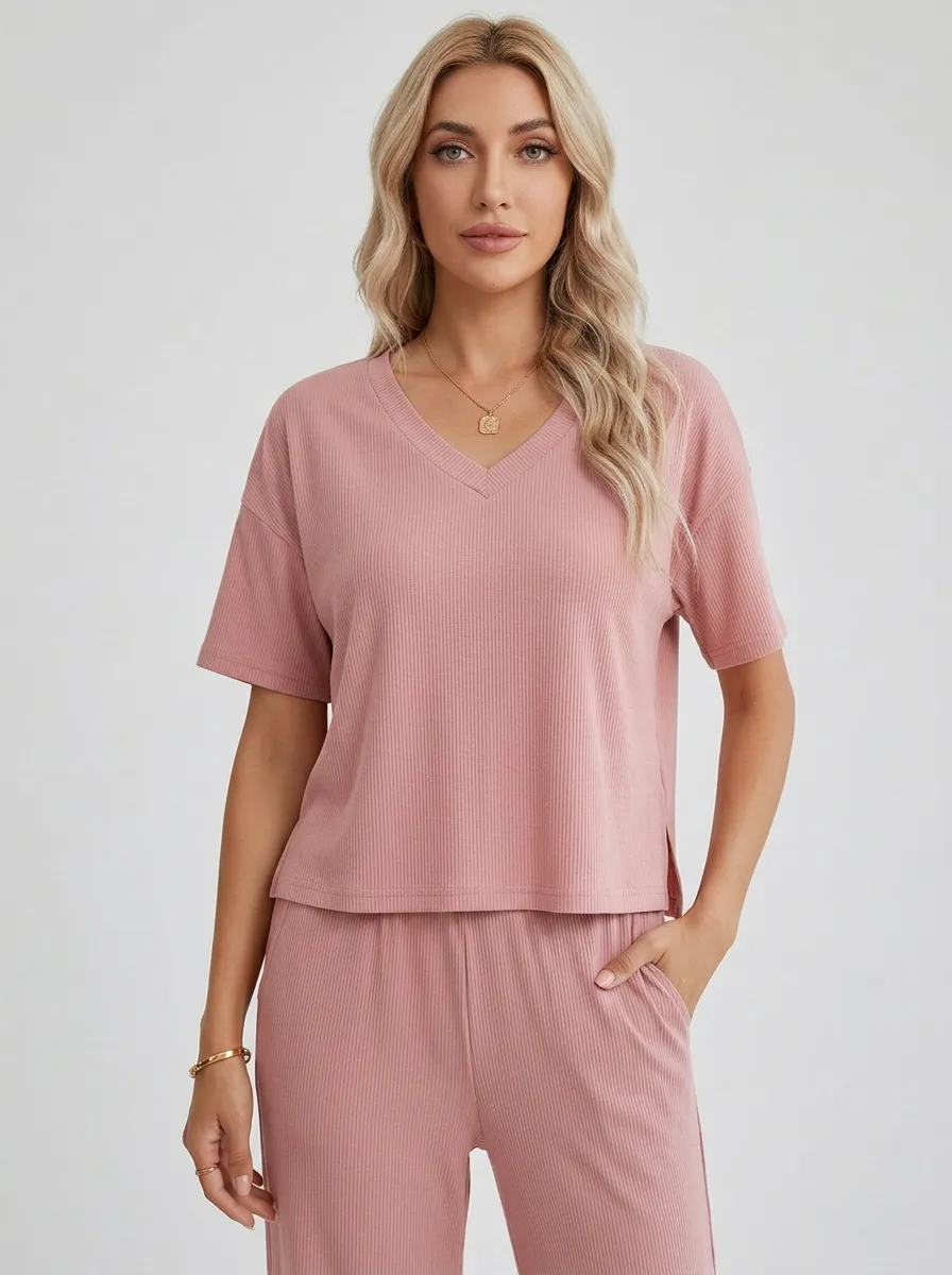 Easy-Wear Minimalist Women's V-Neck Casual Lounge Set