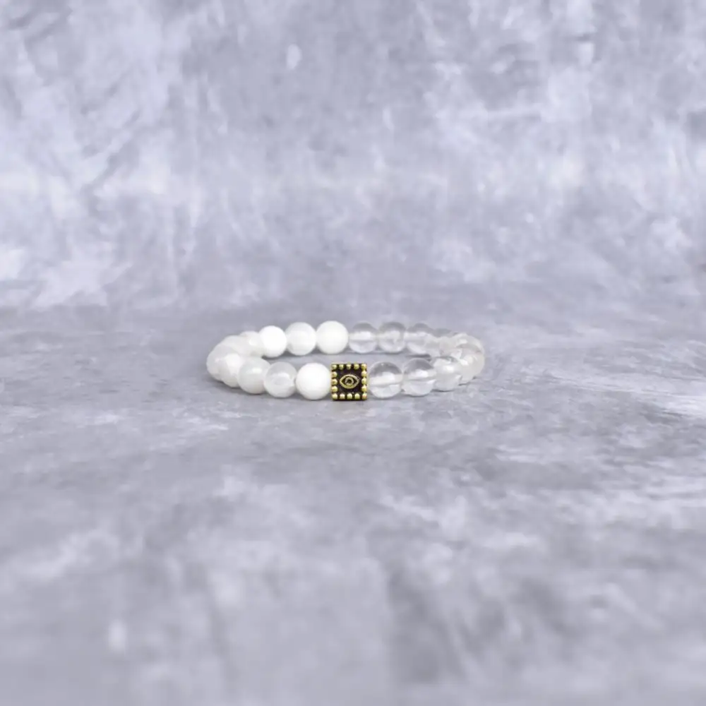 Evil Eye Clear Quartz Selenite Bead Bracelet