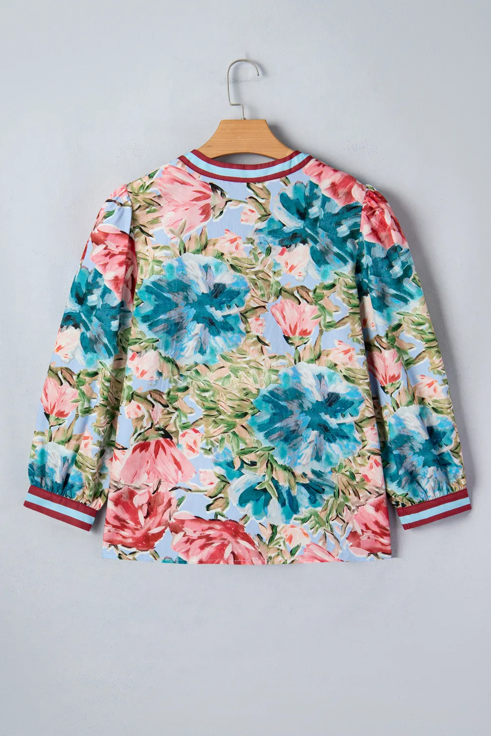 Sky Blue Contrast Trim V Neck Blouse