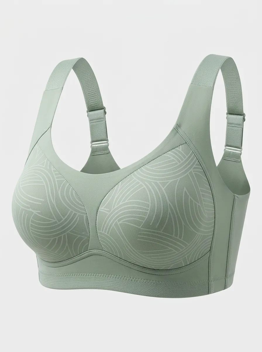 Women's Plus Size Sage Green Geometric Full-Coverage Wireless Sports Bra