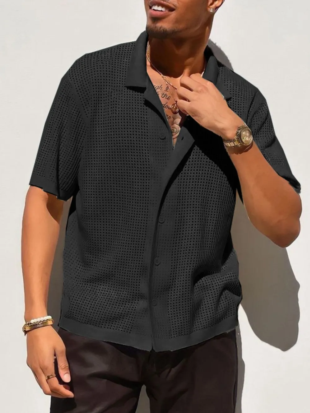 Button Down Openwork Collared Shirt