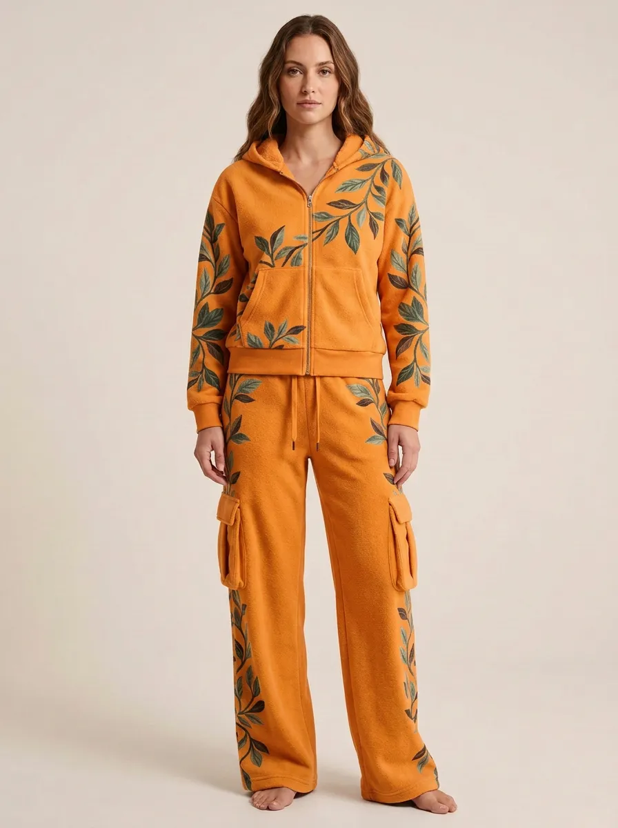 Women's Leaf-Print Fleece Zip-Up Hoodie And Cargo Pant Set