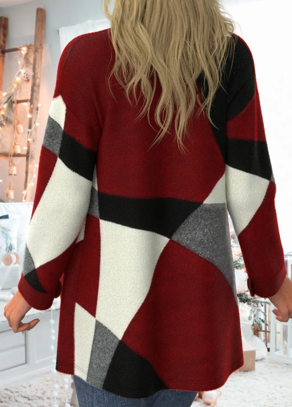 Wine Red Pocket Geometric Print Long Sleeve Coat