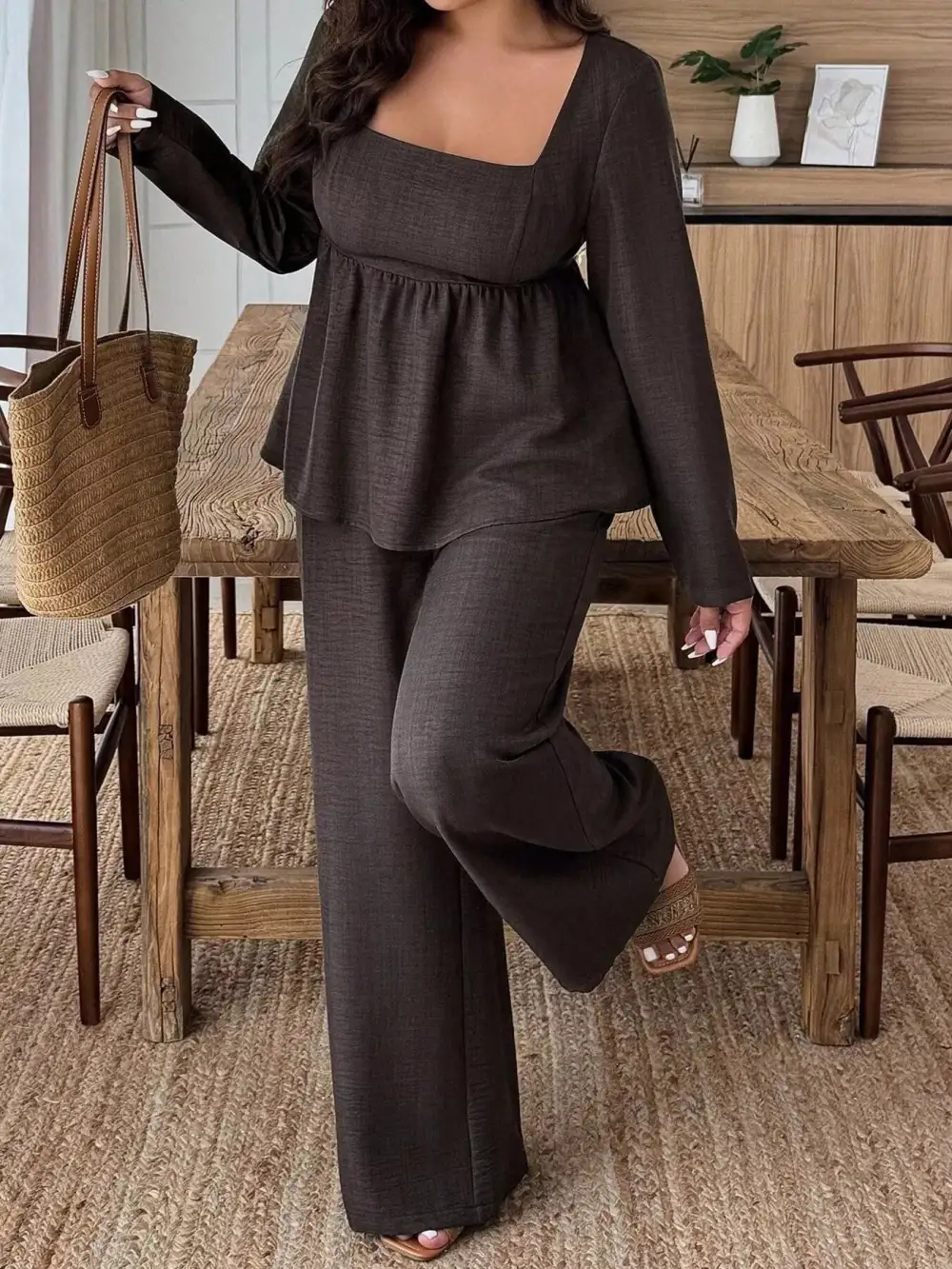 Plus Size Square Neck Long Sleeve Top and Pants