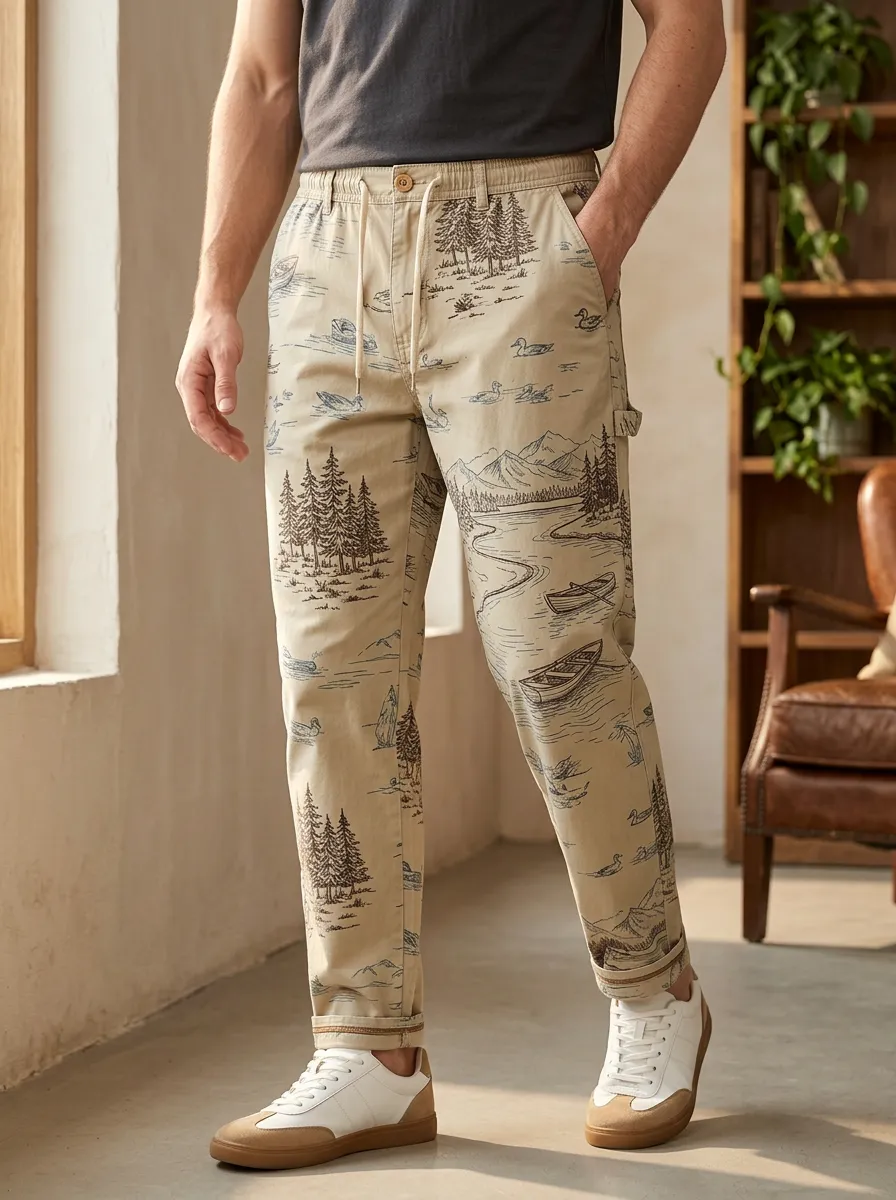 Men's Nature Outdoor Lover Mountain Lake Duck Printed Pants