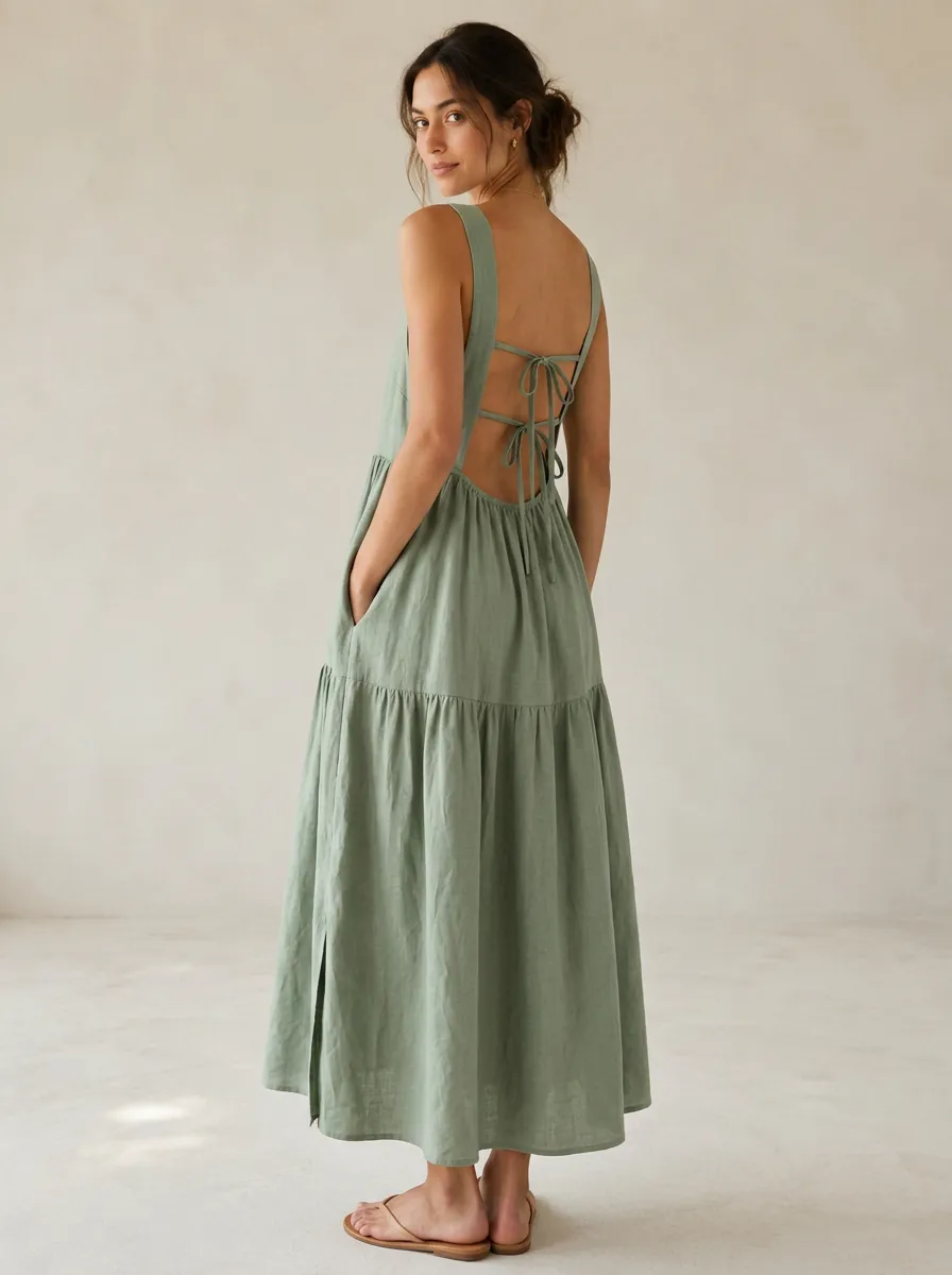 Women's Tiered Tie-Back Linen Backless Dress