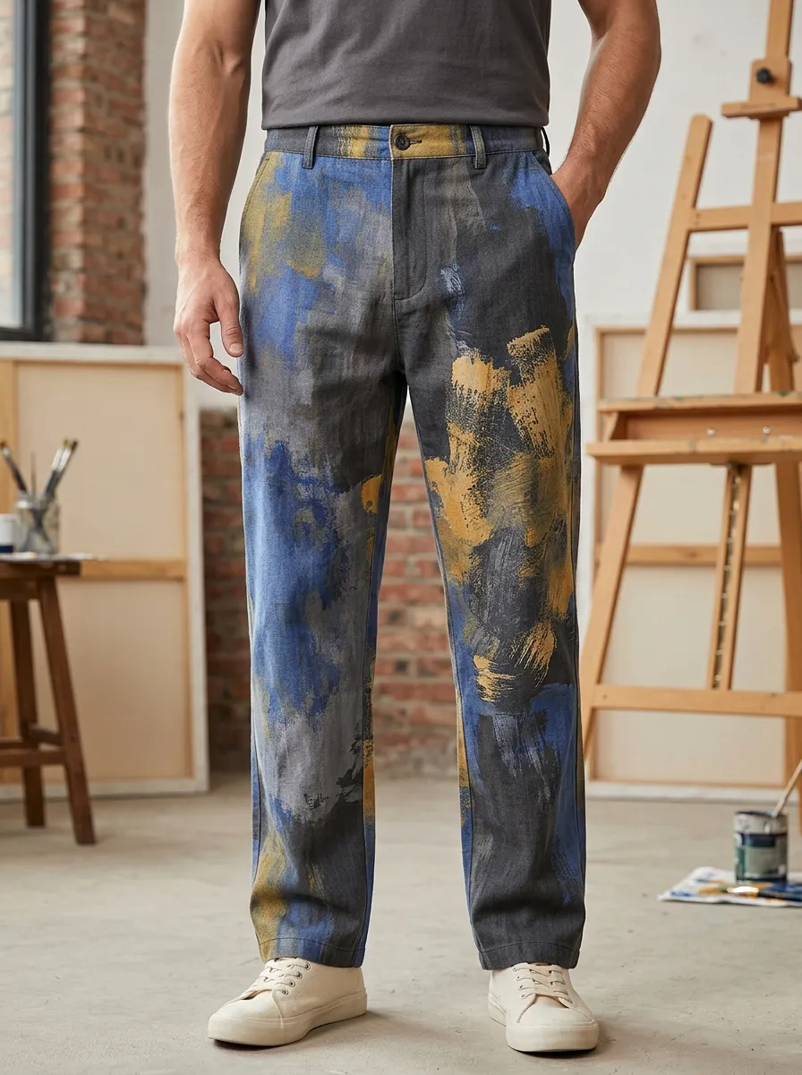Men's Mid-Rise Abstract Print Straight-Leg Trousers
