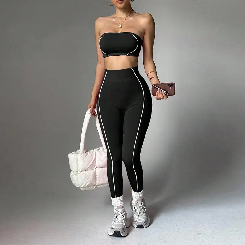 Strapless Bandeau Crop Top and High-Waisted Leggings Activewear Set