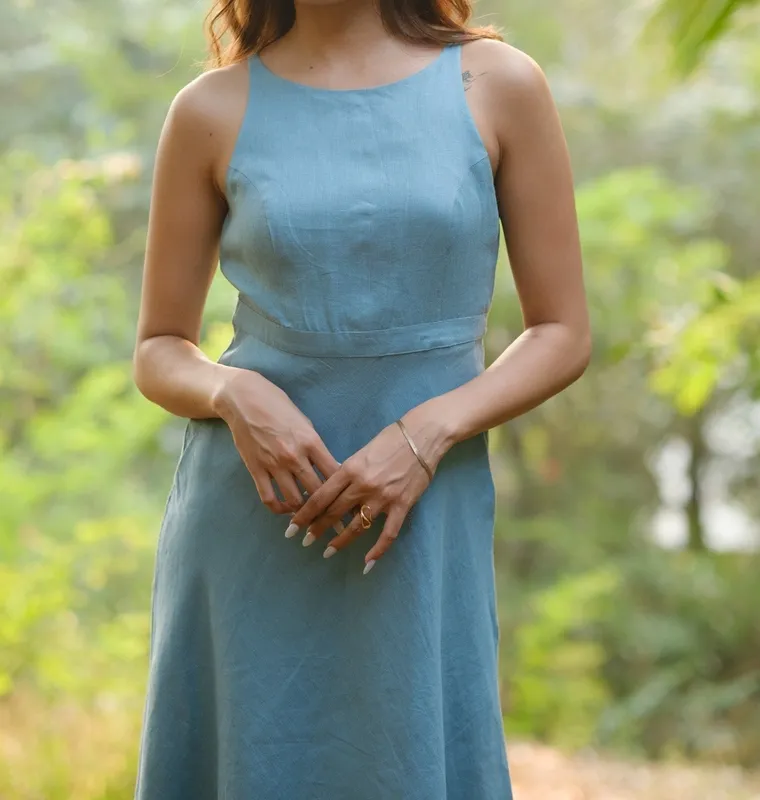 Aqua Linen Cutaway Maxi Dress