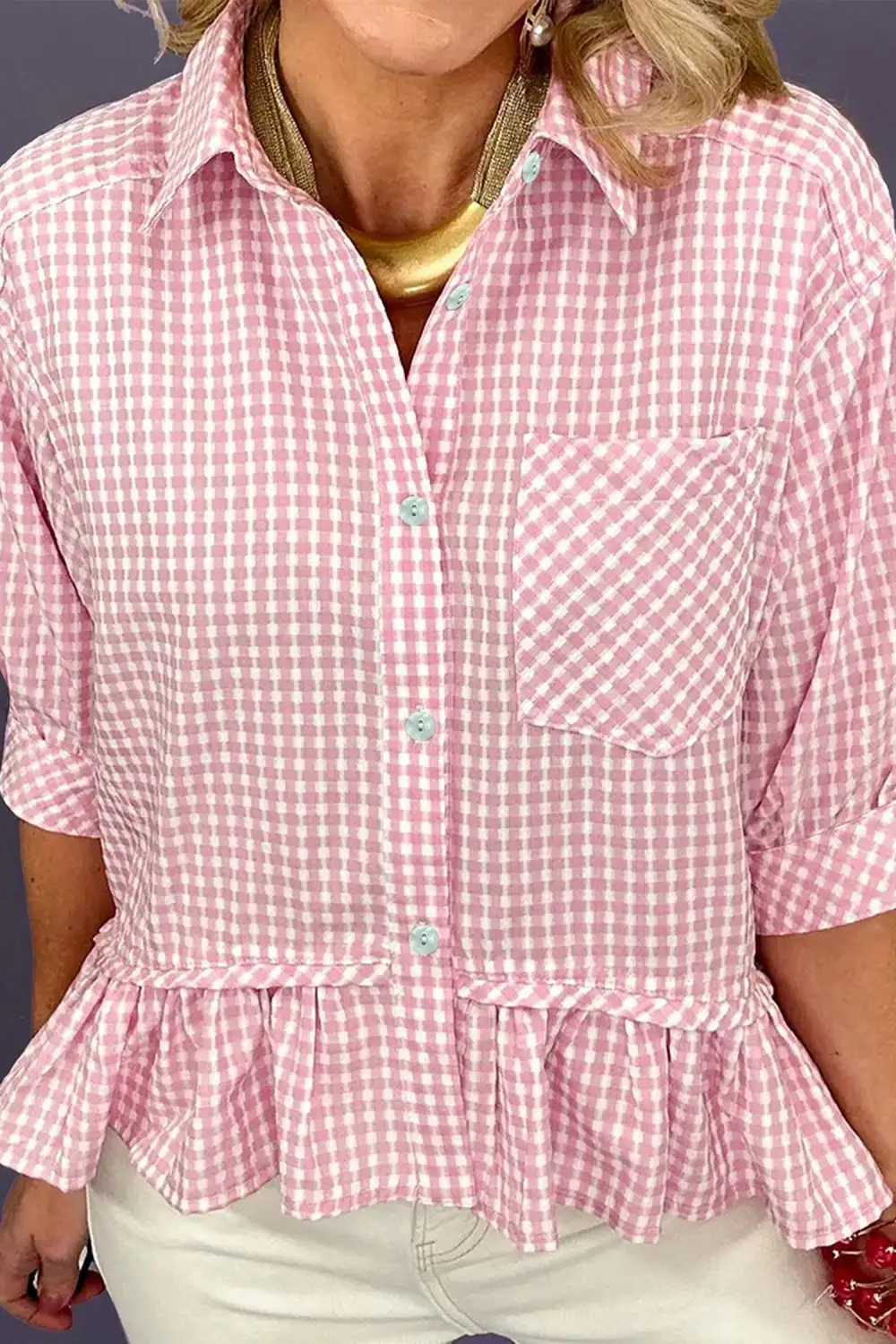 Women's Plaid Half Sleeve Ruffled Blouse
