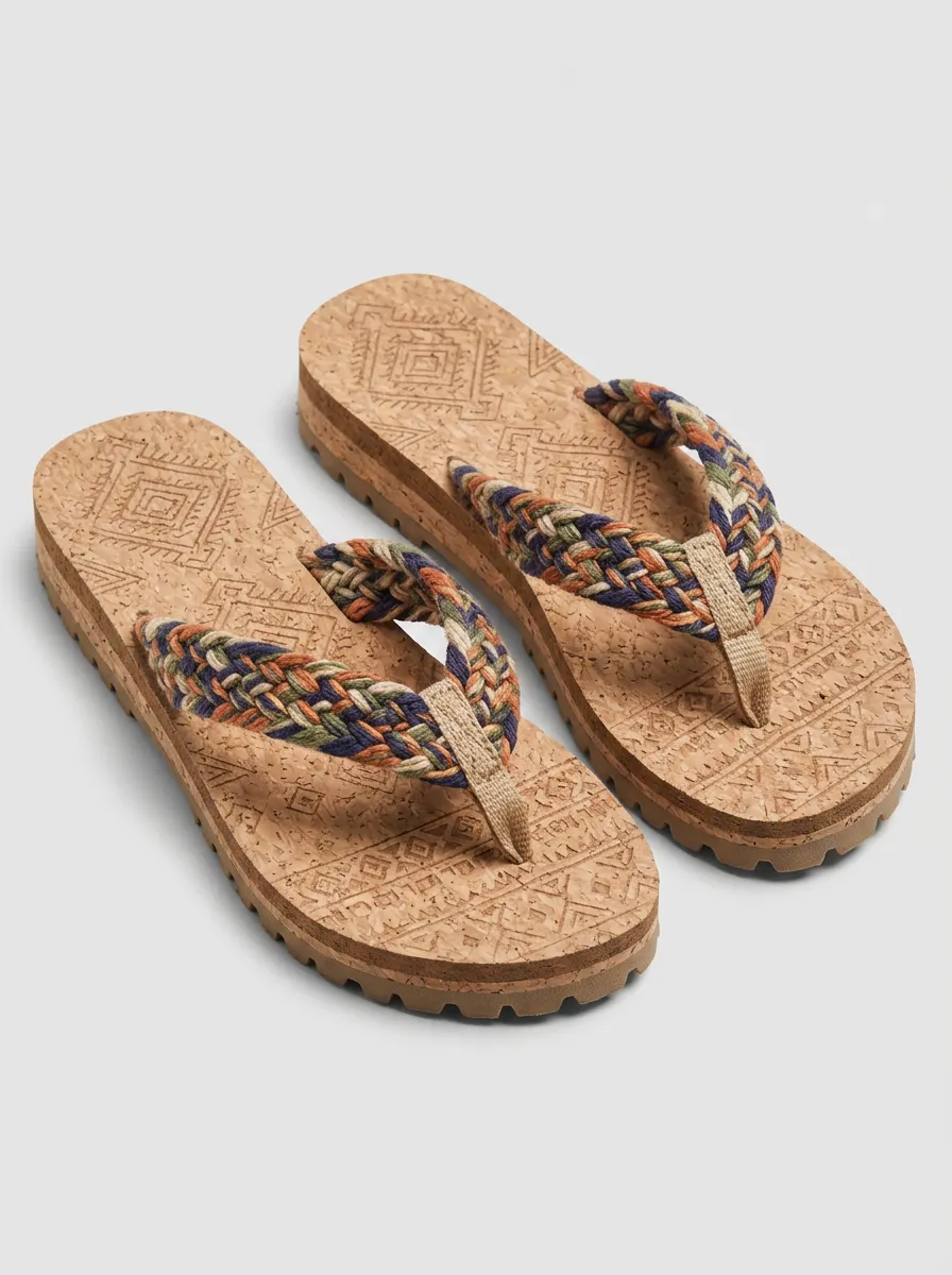 Women's Boho Style Braided Strap Cork Printed Flip Flops