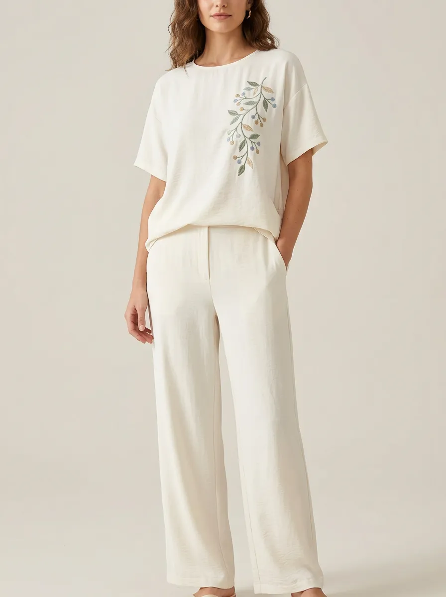 Women's Botanical Embroidered Short-Sleeve Top And Straight-Leg Trouser Two-Piece Set