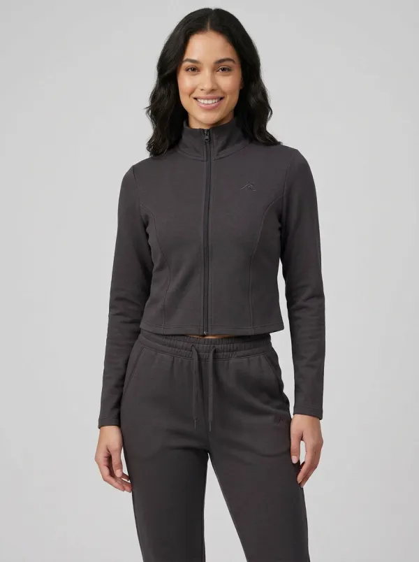 Women's Minimalist Cream Solid Color Zip-up Tracksuit Set